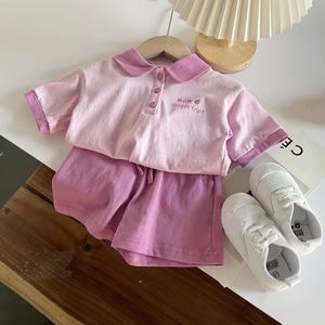 100%纯棉polo领短袖+短裤两件套女童紫色系夏季新款韩版套装ins潮