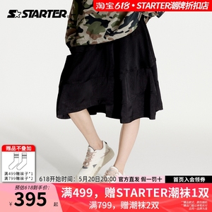 STARTER | 半身裙女款24年春季新款缎面抓皱宽松黑色运动休闲裙子