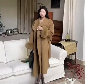 韩国高端翻领修身长款袖口狐狸毛双面羊绒大衣女大高级感毛呢外套