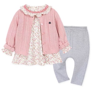 原单韩国中小童装20秋女童宝宝纯棉碎花长袖T恤粉色开衫三件套装