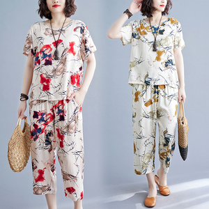 中国风棉绸时尚套装女夏季短袖七分裤两件套大码中老年家居服外穿