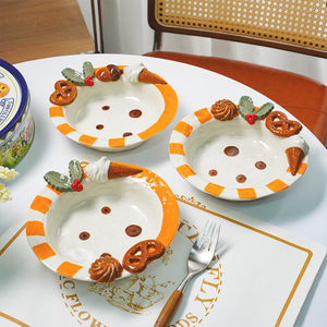 现货可爱创意曲奇陶瓷盘子冰淇淋早餐盘儿童意面碗甜品家用餐具