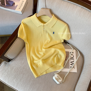 黄色Polo领小香风刺绣针织衫短袖女2023夏季新款高级气质显瘦上衣