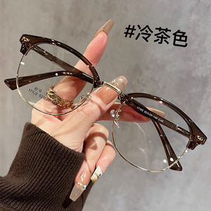 韩国设计师款冷茶色半框眼镜女近视可配度数素颜显白金丝边眼睛架