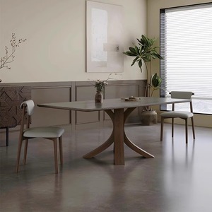 实木餐桌家用小户型北欧中古风胡桃木色白腊木长方形进口岩板餐桌