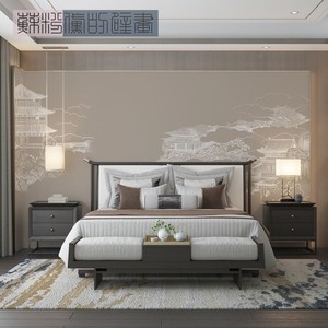 新中式线条建筑古风电视背景墙壁纸卧室客厅宾馆床头艺术墙布壁画