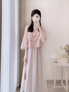 新中式中国风粉色连衣裙女夏季2024新款改良旗袍马面裙半身裙套装