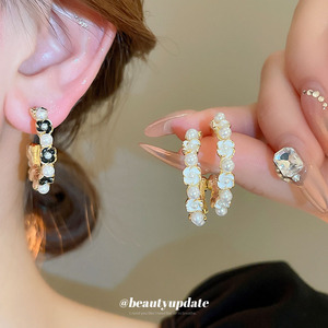 银针花朵珍珠滴油耳环时尚高级感几何耳圈个性网红设计耳饰批发女