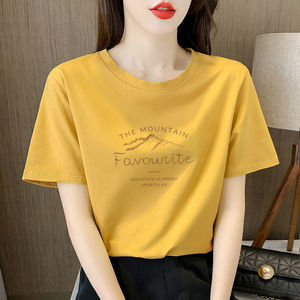 黄色含棉袖短恤t女夏装桖T2023年新款宽松半袖圆领女装上衣ins潮