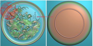 圆盘荷花鸟花草荷花圆形双面荷花盘子荷叶精雕图浮雕灰度电脑雕刻