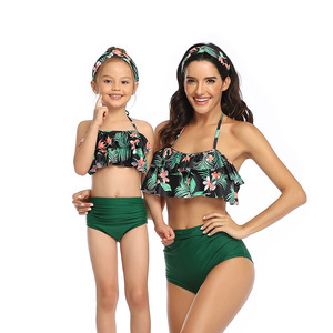 女童游泳衣2023夏季亲子装母女泳装儿童高腰比基尼荷叶边分体泳衣