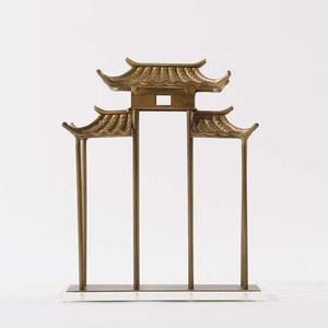 中式摆件大门古典建筑模型怀旧中国风造型庭院金色铁艺家居工艺品