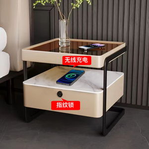 意式极简床头柜智能高级感网红卧室铁艺智能无线充电岩板床边柜子
