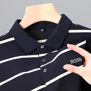 Hugo Boss男装短袖t恤商务休闲条纹半袖polo衫中年翻领上衣棉夏季