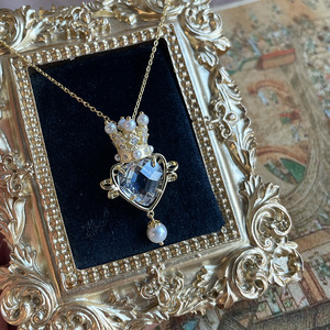 s925银桃心白水晶爱心造型复古古董珍珠皇冠设计仙气锁骨链项链