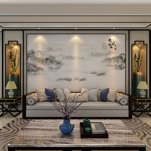 新中式水墨山水电视背景墙壁纸客厅3D顺风顺水壁画书房自粘墙贴壁