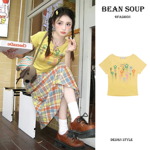 Bean Soup/豆汤 多巴胺黄色星星印花t恤女夏季设计感小众短款上衣