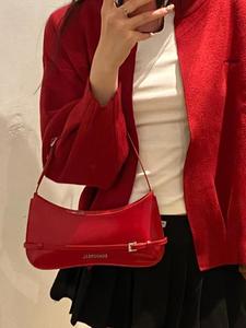 法式小众设计南法高级质感单肩手提解构卡扣牛皮包红色腋下包女