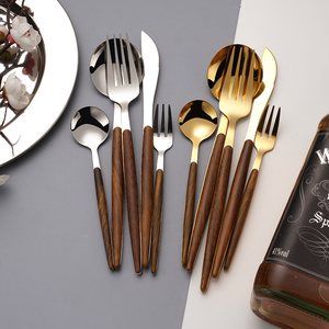 不锈钢刀叉勺网红韩式家用长柄勺子ins风创意木柄餐具甜品小叉勺