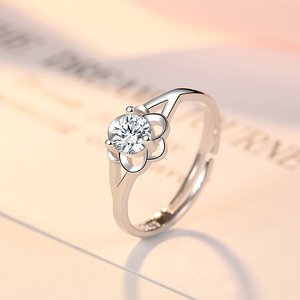 S925纯银锆石六爪戒指花朵钻戒结婚女戒子开口可调节大小日韩气质