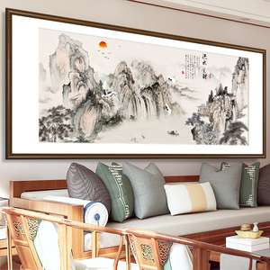 流水生财山水画客厅茶室茶台装饰画老板办公室沙发中式挂画靠山图