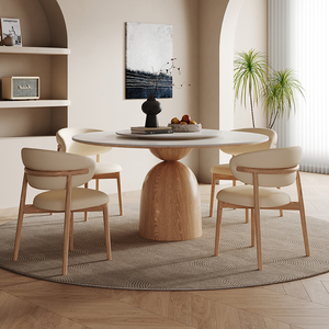 北欧圆形岩板餐桌家用现代简约实木高端圆桌内嵌带转盘白蜡木餐桌