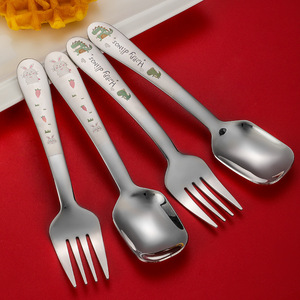 304不锈钢叉勺宝宝勺子儿童叉子餐具一体勺子平头勺汤勺叉子套装