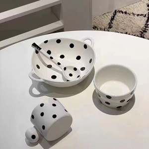 好看的碗黑白波点陶瓷餐具碗碟套装家用高颜值双耳汤碗勺盘子杯
