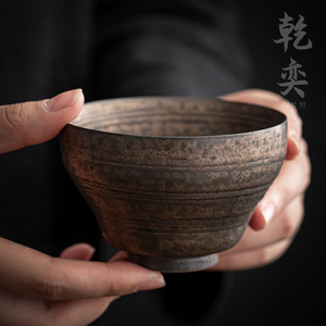 日式主人杯鎏金铁锈釉大容量单个茶杯陶瓷品茗杯功夫茶具粗陶茶盏
