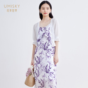 umisky优美世界商场同款夏季款吊带长裙印花连衣裙SG2D1129