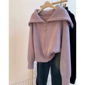 紫色大翻领拉链毛衣外套女秋冬冬季加厚设计感慵懒风软糯针织开衫