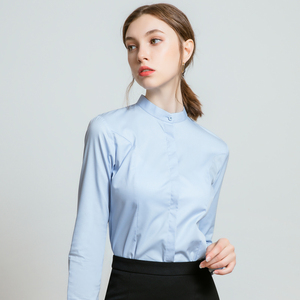 长袖立领蓝色衬衫女春季职业正装气质通勤工作服面试衬衣圆领工装