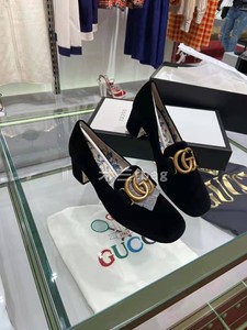 国内现货36码Gucci古驰女鞋复古双G粗跟高跟鞋黑色丝绒单鞋乐福鞋