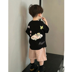 韩国童装痞帅男童短袖t恤2024新款夏装儿童时髦宝宝纯棉黑色上衣
