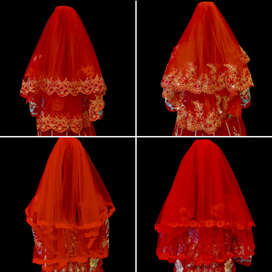 秀禾服中式婚礼头纱婚纱拍摄道具新娘红盖头结婚复古蕾丝头纱头饰