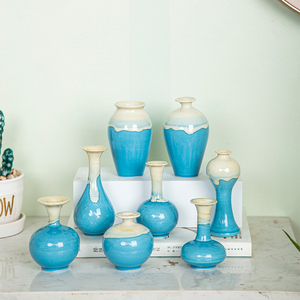 迷你花器办公室手工创意摆件蓝色窑变桌面陶瓷水培式小花瓶插花