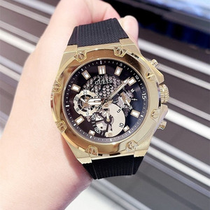 正品Guess盖斯手表时尚镂空黑金三眼硅胶表带欧美石英表GW0334G2