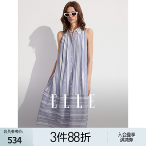 ELLE蓝白条纹衬衫式无袖连衣裙女2024夏季新款蕾丝拼接小众裙子
