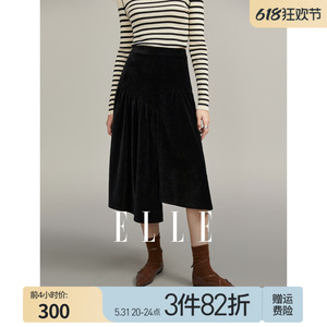 ELLE黑色设计感不规则下摆半身裙女2023冬装新款高腰显瘦小众裙子