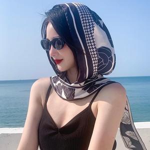 双面头巾海边拍照防晒女士丝巾帽户外沙滩遮阳黑色飘带帽穿搭时尚