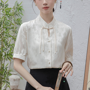 新中式杏色立领衬衫女士夏装国风年轻款改良汉服日常可穿短袖上衣