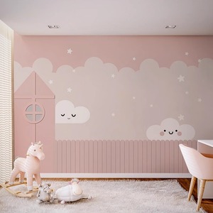 北欧云朵星星儿童墙纸粉色女孩卧室壁纸儿童房壁布墙布公主房壁画