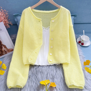 针织开衫女罩衫短款黄色外搭宽松轻薄款外穿马海毛防晒空调衫夏季