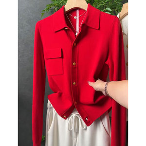新年红时尚洋气针织开衫休闲减龄百搭显瘦长袖打底衫单排扣羊毛衫