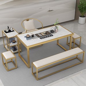 新中式桌椅组合简约现代泡茶桌轻奢铁艺岩板实木茶台家用办公茶几