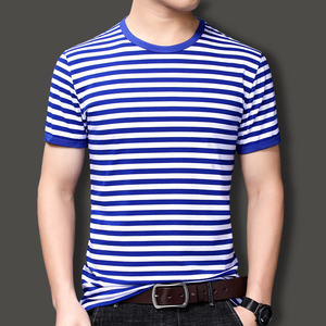 海魂衫男士短袖T恤夏季纯棉蓝白色条纹团购聚会班服体恤工作服装