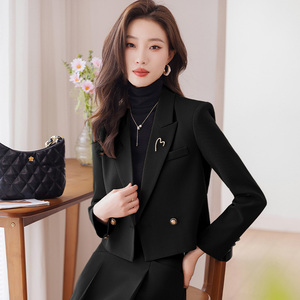 黑色短款小个子香风西装套装女高级感2024新款气质外套半身裙秋季