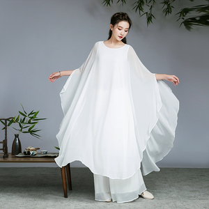 禅舞服装女三层套装茶中国风仙女范白色禅意飘逸中式女装连衣裙套