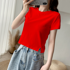红色圆领短款t恤女夏短袖宽松显瘦上衣小个子设计感小众露脐半袖