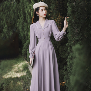 裙子春款紫色连衣裙高端气质桔梗裙简约文艺复古法式收腰显瘦长裙